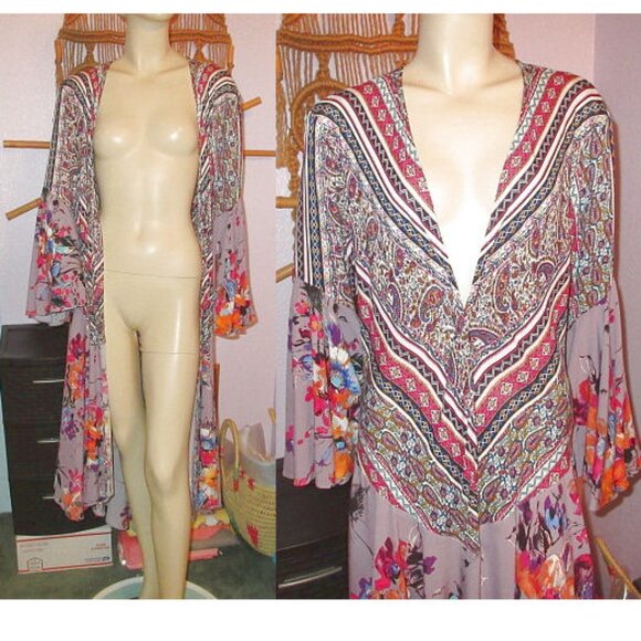 Umgee Hippie Boho Longline Kimono Duster Size M Pleated Bell Sleeves Artsy Layer - Picture 2 of 7